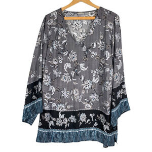 Avenue Tunic Top Size 1X Chiffon Sheer Gray Black Teal Floral Boho Peasant